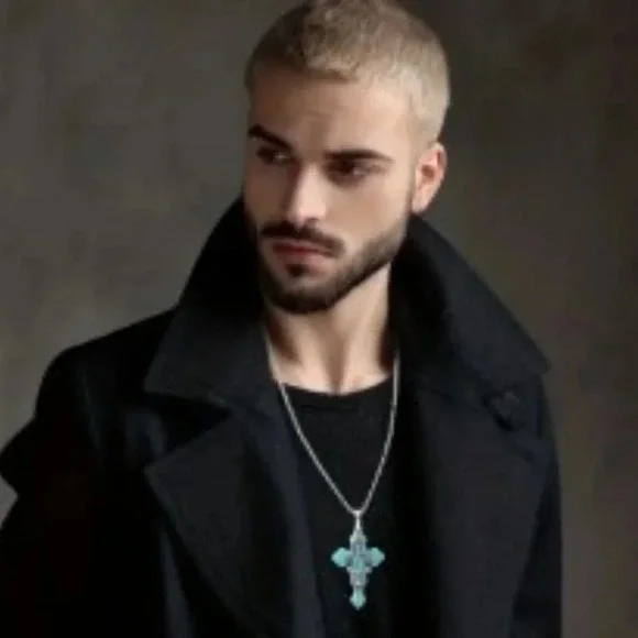 Turquoise Cross Necklace Antique Silver Plated _ unisex - Picture 5 of 6